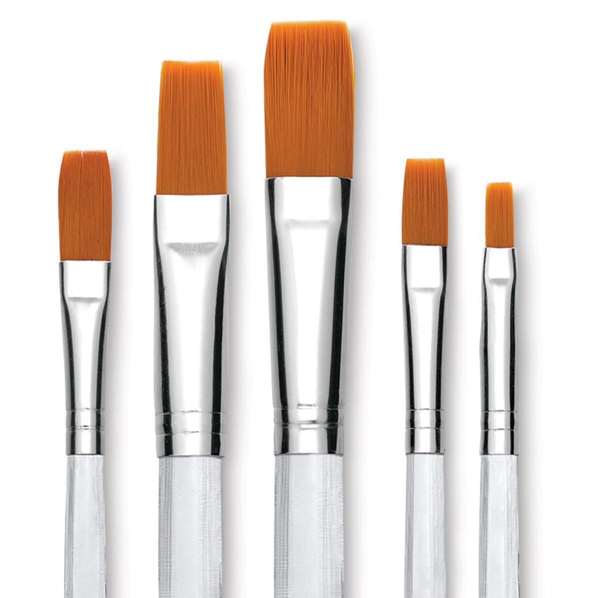 Royal Langnickel Clear Choice Brush Set - Golden Taklon, Flat, Set of 60, Long Handle (close-up of brushes)