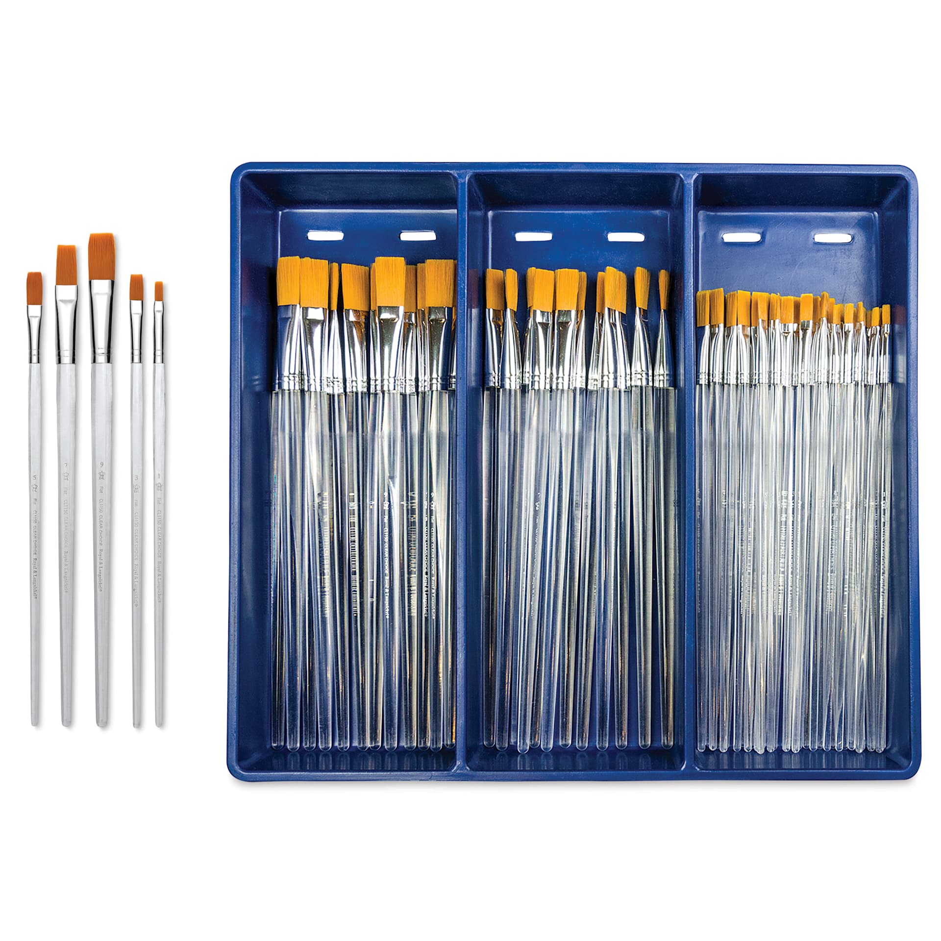 Royal Langnickel Clear Choice Brush Set - Golden Taklon, Flat, Set of 60, Long Handle