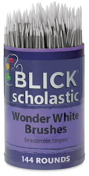 Blick Scholastic Wonder White Synthetic Brushes-Round, Short Handle, Set of 144. Front of canister. Blick Scholastic Wonder White Synthetic Brushes-Round, Short Handle, Set of 144. Front of canister.