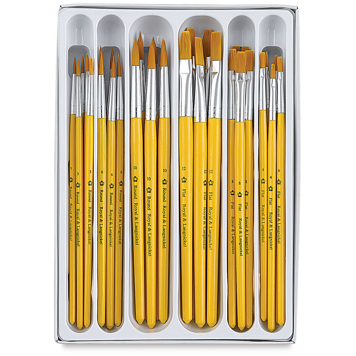 Golden Taklon Rounds and Flats, Set of 30 Brushes shown with pacakge open and brushes in storage tray