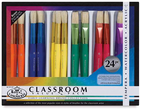 Royal & Langnickel White Bristle Classroom Value Packs - Top view of 24 pc Chubby Brushes package