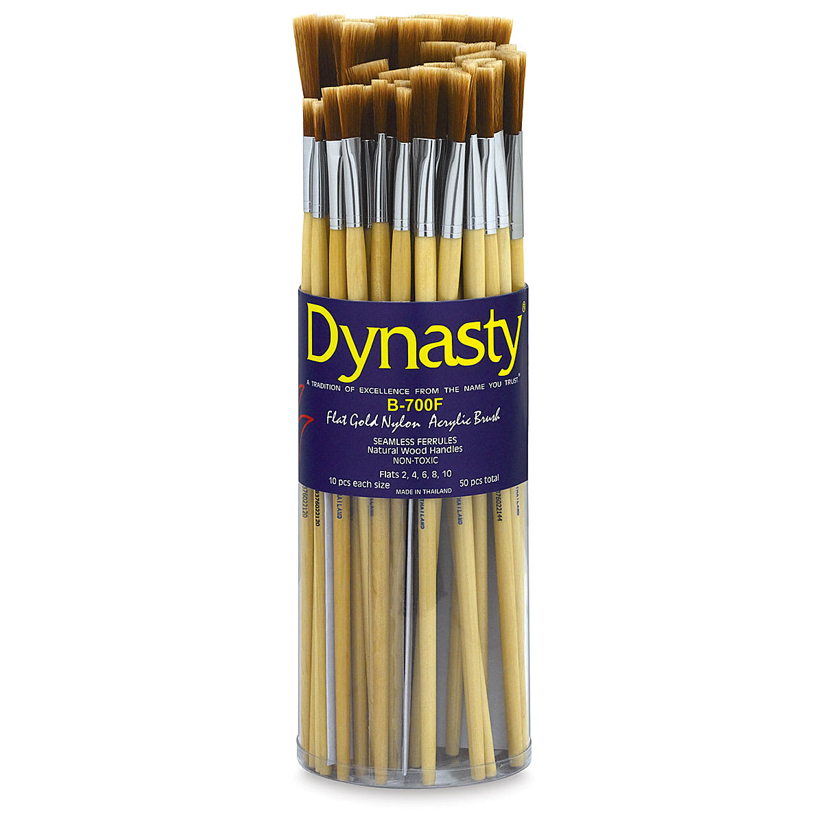 Dynasty Bright Gold Nylon Acrylic Brush Canisters - Front of canister of Flat brushes