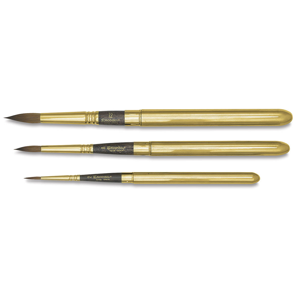Escoda Reserva Kolinsky-Tajmyr Sable Brushes - Three sizes of Pocket Rounds shown horizontally