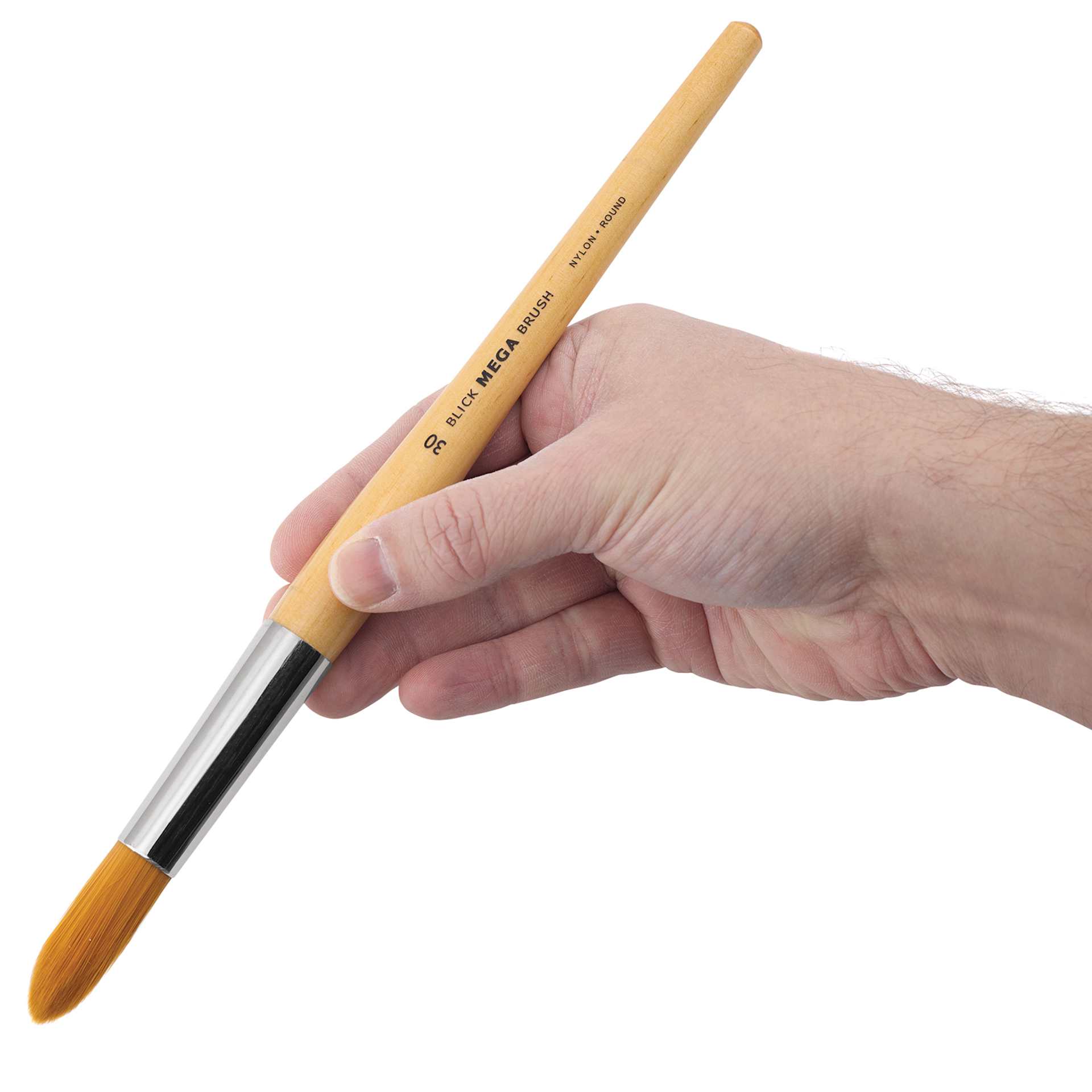 Blick Mega Golden Taklon Brush - Mega Round, Short Handle, Size 30, held in hand