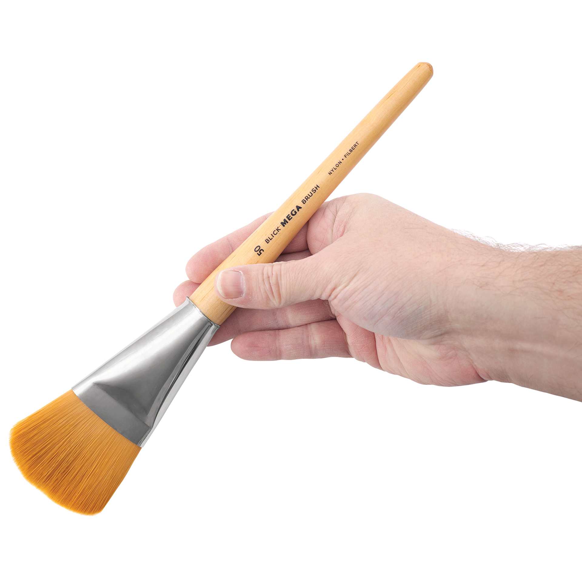 Blick Mega Golden Taklon Brush - Mega Filbert, Short Handle, Size 50, held in hand