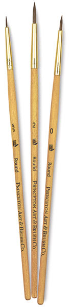 Princeton Real Value Synthetic Sable Brushes, set of 3, short handle. Includes Round 5/0, 0, and 2 Princeton Real Value Synthetic Sable Brushes, set of 3, short handle. Includes Round 5/0, 0, and 2