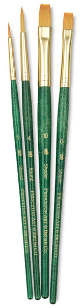Princeton Real Value Golden Taklon Brush set of 4, short handle.  Includes Round 1 and 4, and Shader 6 and 10