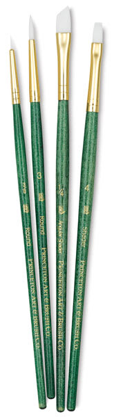 Princeton Real Value White Taklon Brushes, set of 4, short handle. Includes Round 3/0 and 3, Shader 4, and Angular 1/4. Princeton Real Value White Taklon Brushes, set of 4, short handle. Includes Round 3/0 and 3, Shader 4, and Angular 1/4.