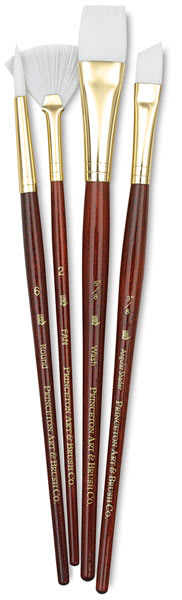 Princeton Real Value White Taklon Brushes, set of 4, short handle. Includes Round 6, Fan 2, Wash 5/8, and Angular 3/8. Princeton Real Value White Taklon Brushes, set of 4, short handle. Includes Round 6, Fan 2, Wash 5/8, and Angular 3/8.