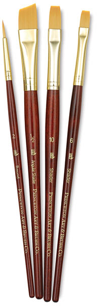 Princeton Real Value Golden Taklon brush set of 4, short handle.  Includes Round 2, Shader 6 and 10, and Angular 1/2.