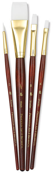 Princeton Real Value White Taklon Brush set of 4, short handle. Includes Round 2, Shader 4 and 8, and Wash 3/4. Princeton Real Value White Taklon Brush set of 4, short handle. Includes Round 2, Shader 4 and 8, and Wash 3/4.
