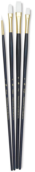 Princeton Real Value White Taklon Brush set of 4, long handle. Includes Round 1, Bright 4, Filbert 4, and Flat 6. Princeton Real Value White Taklon Brush set of 4, long handle. Includes Round 1, Bright 4, Filbert 4, and Flat 6.