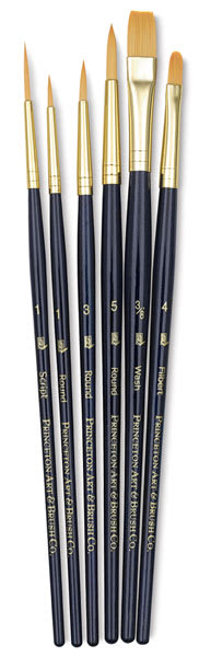 Princeton Real Value Golden Taklon Brush set of 6, short handle. Includes Round 1, 3, and 5, Filbert 4, Script 1, and Wash 3/8. Princeton Real Value Golden Taklon Brush set of 6, short handle. Includes Round 1, 3, and 5, Filbert 4, Script 1, and Wash 3/8.