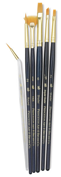 Princeton Real Value Golden Taklon Brush Set of 6, short handle. Includes Round 2, Tight Spot 0, Fan 2/0, Shader 2 and 6, and Angular 1/8.