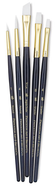 Princeton Real Value White Taklon Brush Set of 5, short handle. Includes Round 1 and 4, Angular Shader 3/8, and Shader 4 and 8. Princeton Real Value White Taklon Brush Set of 5, short handle. Includes Round 1 and 4, Angular Shader 3/8, and Shader 4 and 8.