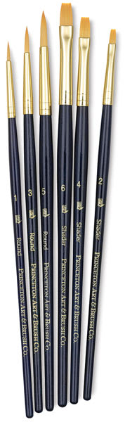 Princeton Real Value Golden Taklon Brush set of 6, short handle. Includes Round 1, 3, and 5, and Shader 2, 4 and 6.