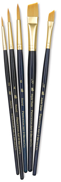 Princeton Real Value Golden Taklon Brush Set of 5, short handle. 
Includes Round 2, 4, and 6, and Angular Shader 1/4 and 1/2.
