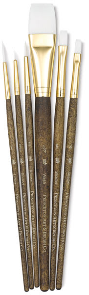 Princeton Real Value White Taklon Brush Set of 6, short handle. Includes Round 3/0 and 2, Liner 1, Shader 4 and 6, and Wash 3/4. Princeton Real Value White Taklon Brush Set of 6, short handle. Includes Round 3/0 and 2, Liner 1, Shader 4 and 6, and Wash 3/4.