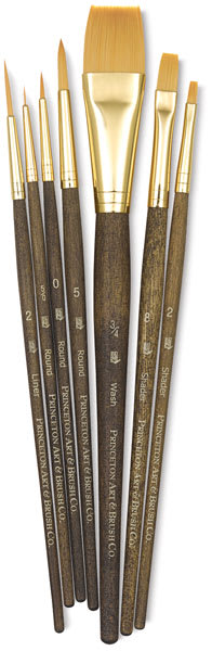 Princeton Real Value Golden Taklon Brush set of 7, short handle. Includes Round 5/0, 0, and 5, Liner 2, Shader 2 and 8, and Wash 3/4.