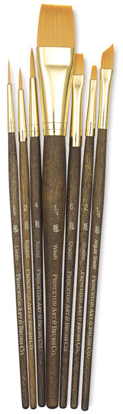 Princeton Real Value Golden Taklon Brush Set of 7, short handle. Includes Round 2 and 4, Liner 2/0, Shader 2 and 6, Angular 1/4, and Wash 3/4.