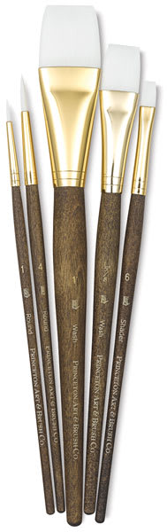 Princeton Real Value White Taklon Brush set of 5, short handle. Includes Round 1 and 4, Shader 6, and Wash 5/8 and 1.