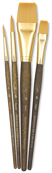 Princeton Real Value Golden Taklon brush set of 4, short handle. Includes Round 4 and 8, and Wash 1/2 and 1 Princeton Real Value Golden Taklon brush set of 4, short handle. Includes Round 4 and 8, and Wash 1/2 and 1