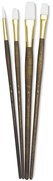 Princeton Real Value White Taklon Brush Set of 4, long handle. Includes Round 6, Filbert 6, Bright 8, and Flat 12.
