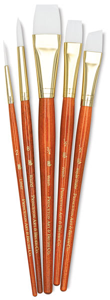 Princeton Real Value White Taklon Brush set of 5, short handle. Includes Round 8, Liner 2, Angular Shader 1/2, and Wash 1/2 and 3/4.