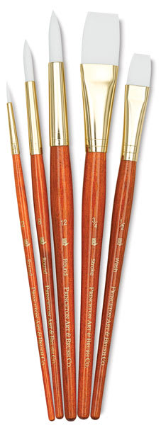 Princeton Real Value White Taklon Brush Set of 5, short handle. Includes Round 2, 8, and 12, Stroke 3/4, and Wash 1/2.