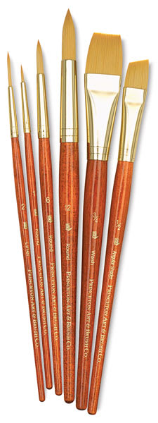 Princeton Real Value Golden Taklon Brush set of 6, short handle. Includes Round 1, 6, and 12, Liner 2, Angular Shader 1/2, and Wash 3/4. Princeton Real Value Golden Taklon Brush set of 6, short handle. Includes Round 1, 6, and 12, Liner 2, Angular Shader 1/2, and Wash 3/4.