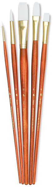 Princeton Real Value White Taklon Brush Set of 5, long handle. Includes Round 1 and 6, Bright 6, Filbert 8, and Flat 12.