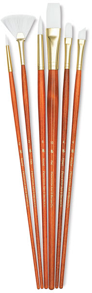 Princeton Real Value White Taklon Brush Set of 6, long handle. Includes Round 2 and 6, Fan 2, Filbert 4, Angular 4, and Flat 10. Princeton Real Value White Taklon Brush Set of 6, long handle. Includes Round 2 and 6, Fan 2, Filbert 4, Angular 4, and Flat 10.