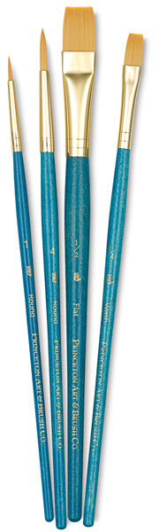 Princeton Real Value Golden Taklon brush set of 4, short handle. Includes Round 1 and 4, Wash 1/4, and Flat 1/2. Princeton Real Value Golden Taklon brush set of 4, short handle. Includes Round 1 and 4, Wash 1/4, and Flat 1/2.