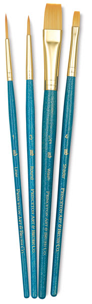 Princeton Real Value Golden Taklon brush set of 4, short handle. Includes Round 3, Liner 1, Shader 4, and Wash 1/2. Princeton Real Value Golden Taklon brush set of 4, short handle. Includes Round 3, Liner 1, Shader 4, and Wash 1/2.