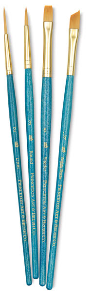 Real Value Golden Taklon Brush Set of 4, short handle.    Includes Round 3, Liner 2, Shader 6, and Angular Shader 1/4.