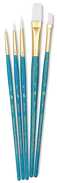 Princeton Real Value White Taklon Brush Set of 5, short handle. Includes Round 3/0, 2, and 4, and Flat 2 and 6. Princeton Real Value White Taklon Brush Set of 5, short handle. Includes Round 3/0, 2, and 4, and Flat 2 and 6.