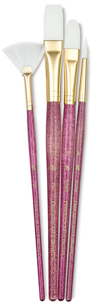 Princeton Real Value White Taklon Brush set of 4, short handle. Includes Round 4, Fan 2, Filbert 6, and Flat 10.