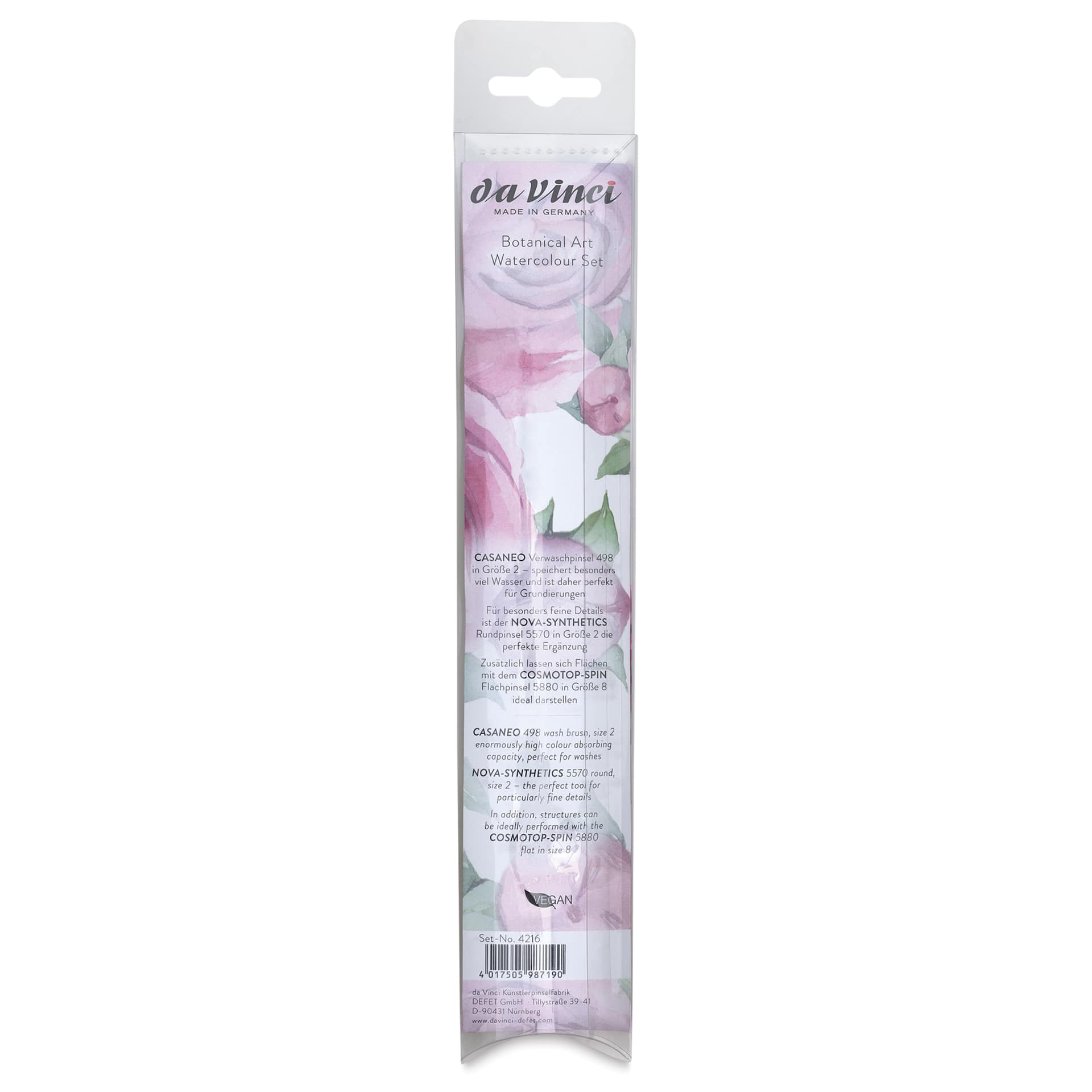 Da Vinci Botanical Art Synthetic Watercolor Brushes - Set of 3, back of the packaging