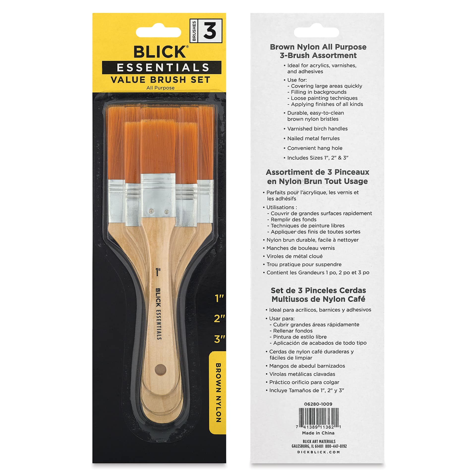 Blick Essentials Value Brush Set - Utility Brushes, Brown Nylon, Set of 3, front and back of packaging