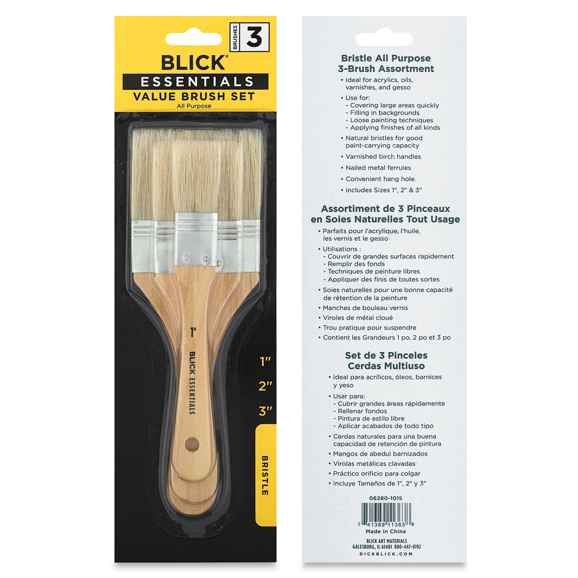 Blick Essentials Value Brush Set - Utility Brushes, Bristle, Set of 3, front and back of packaging Blick Essentials Value Brush Set - Utility Brushes, Bristle, Set of 3, front and back of packaging