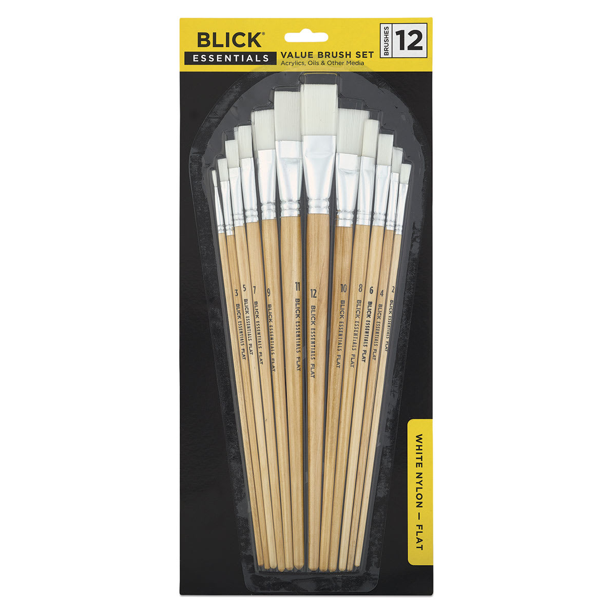 Blick Essential White Nylon Value Brush Sets - 12 Flat, Assorted, Short Handle. Front of package.