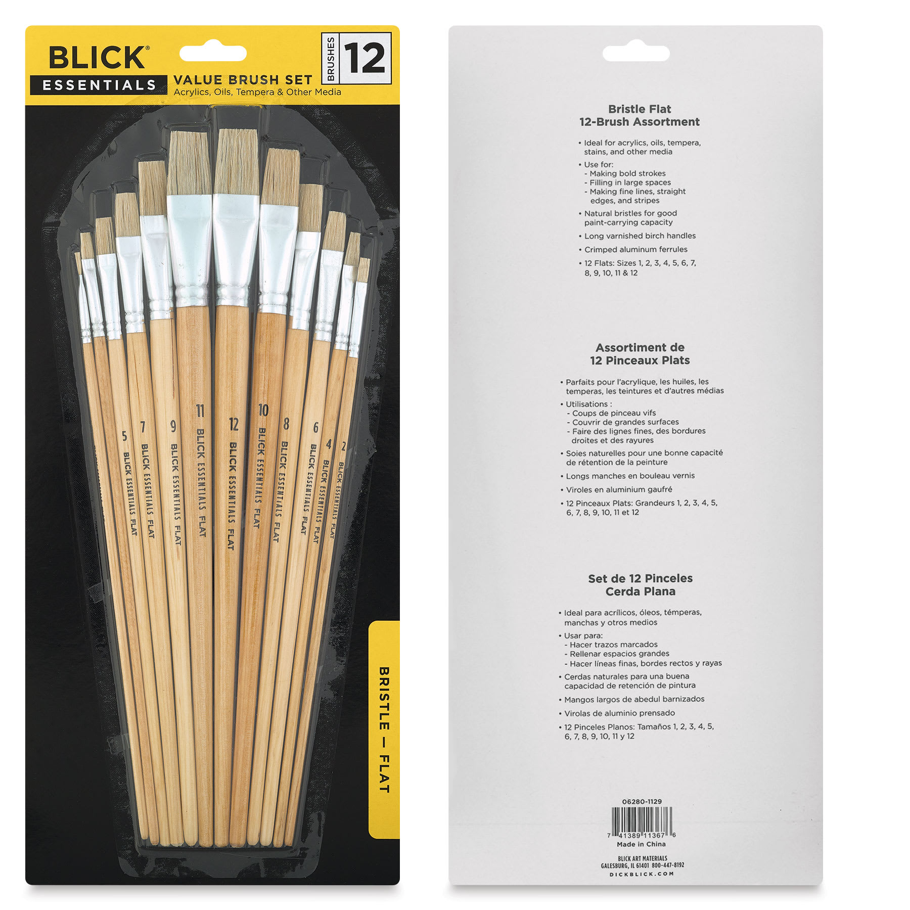 Blick Essentials Value Brush Set - Flat Brushes, Bristle, Set of 12, front and back of packaging