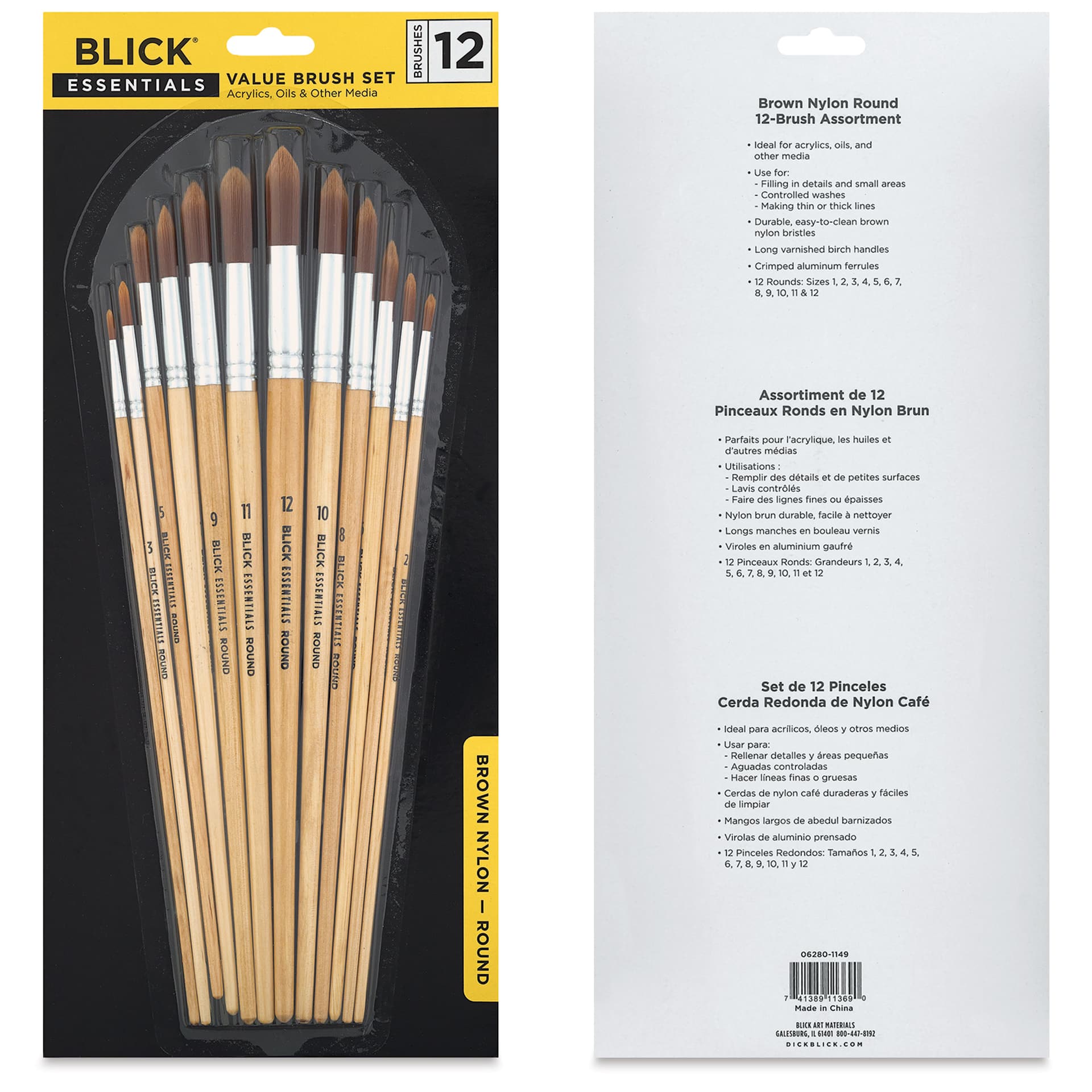 Blick Essentials Value Brush Set - Round Brushes, Brown Nylon, Set of 12, front and back of packaging