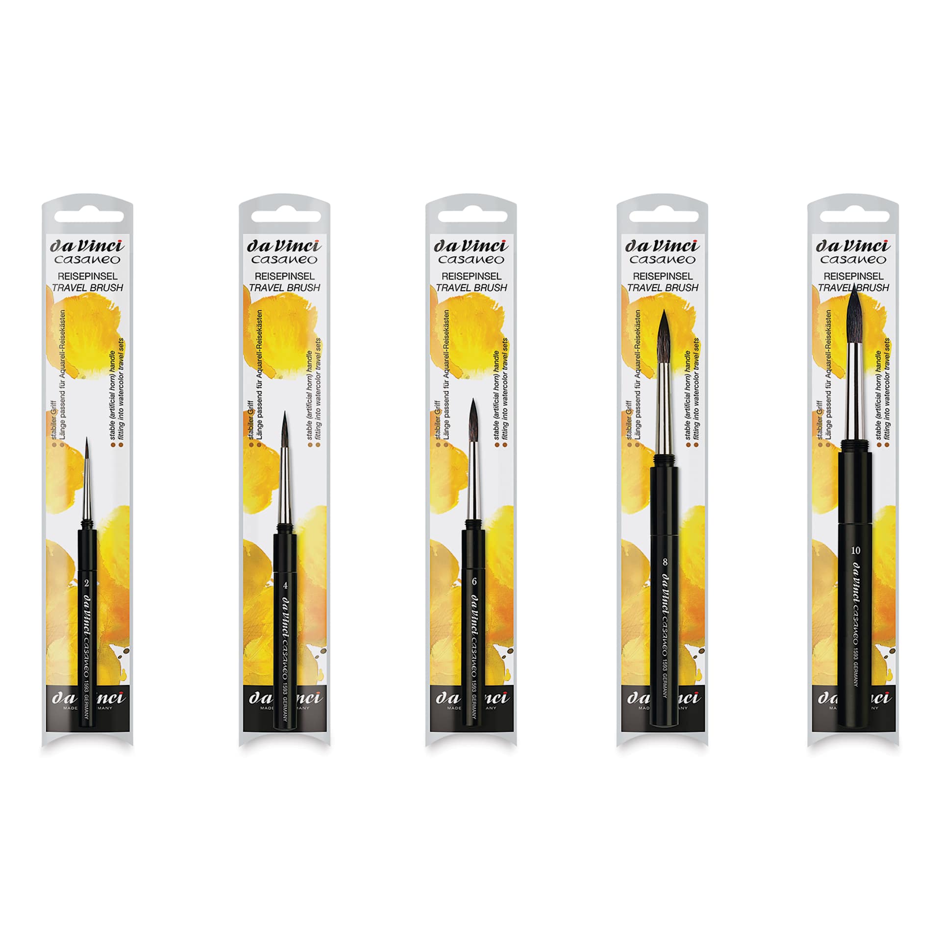 Da Vinci Casaneo Synthetic Squirrel Watercolor Travel Brushes - Front of package of assorted brushes