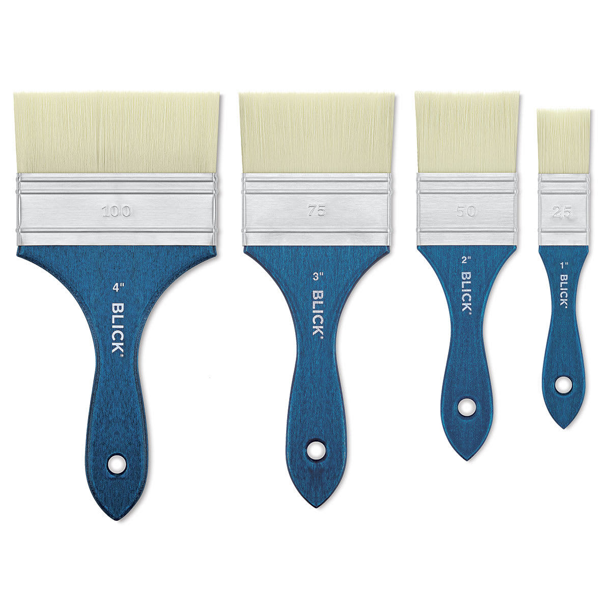 Blick Mottler Brushes - 4 sizes of Flat Mottler brushes shown upright Blick Mottler Brushes - 4 sizes of Flat Mottler brushes shown upright