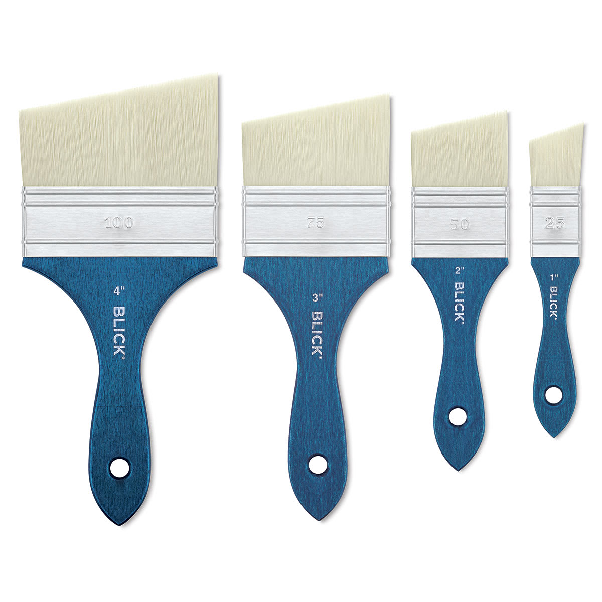 Blick Mottler Brushes - 4 sizes of Angular Mottler brushes shown upright Blick Mottler Brushes - 4 sizes of Angular Mottler brushes shown upright