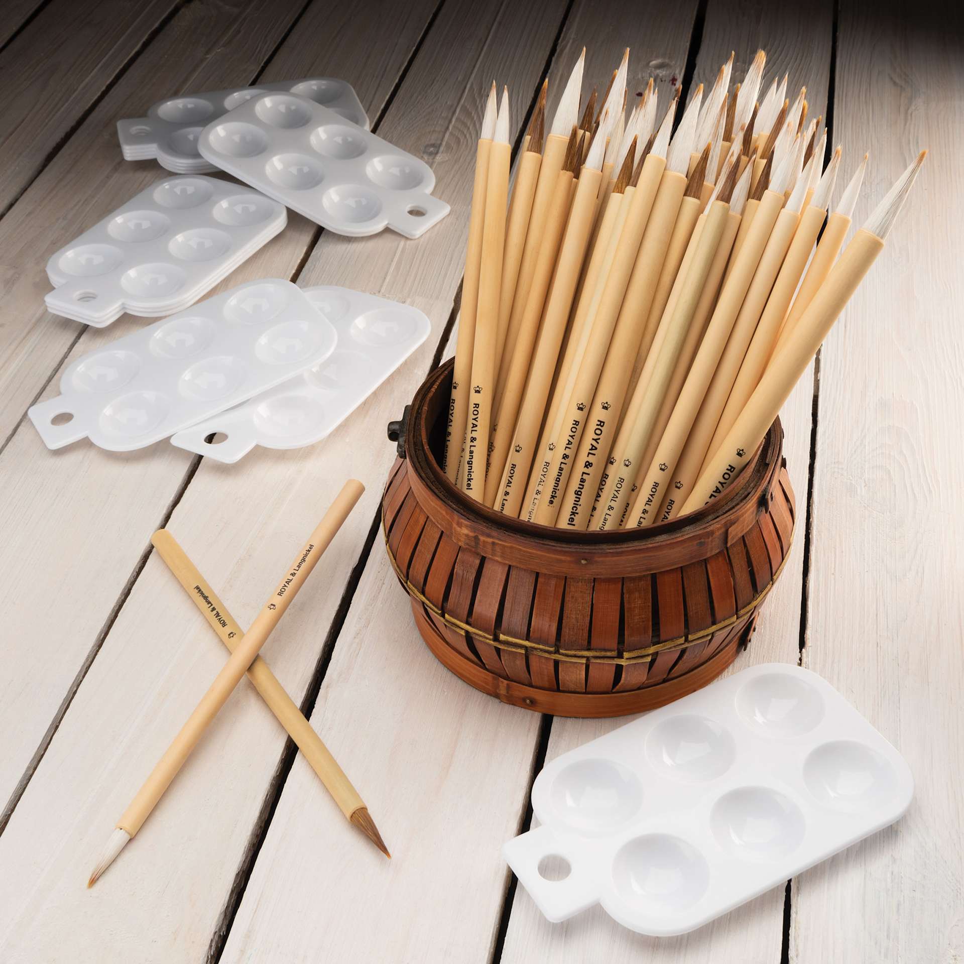 Royal & Langnickel Bamboo Brushes inside a holder (not included) and Palettes laid out Royal & Langnickel Bamboo Brushes inside a holder (not included) and Palettes laid out