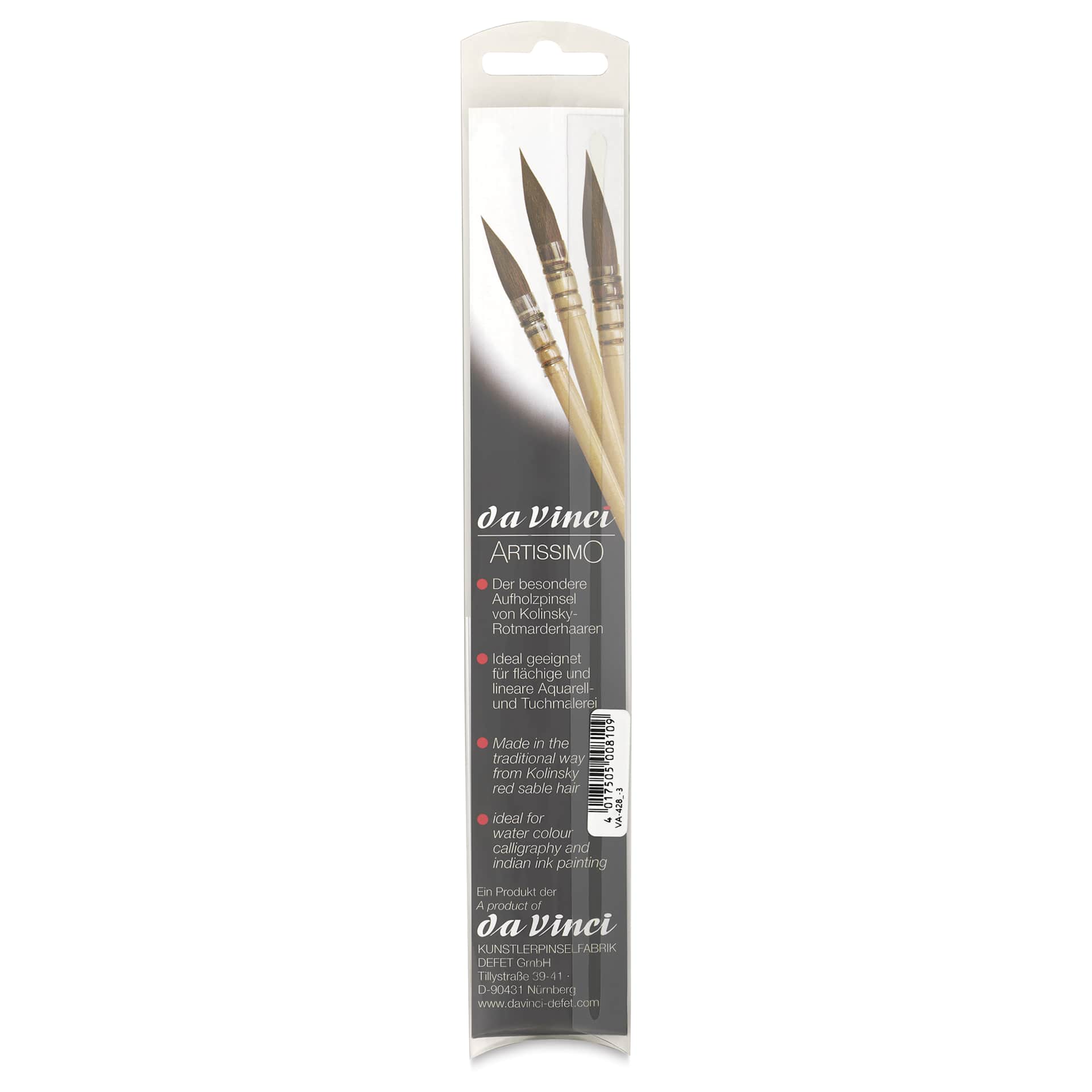 Da Vinci Artissimo Kolinsky Red Sable Brush - Quill, Size 3/0, back of the packaging Da Vinci Artissimo Kolinsky Red Sable Brush - Quill, Size 3/0, back of the packaging