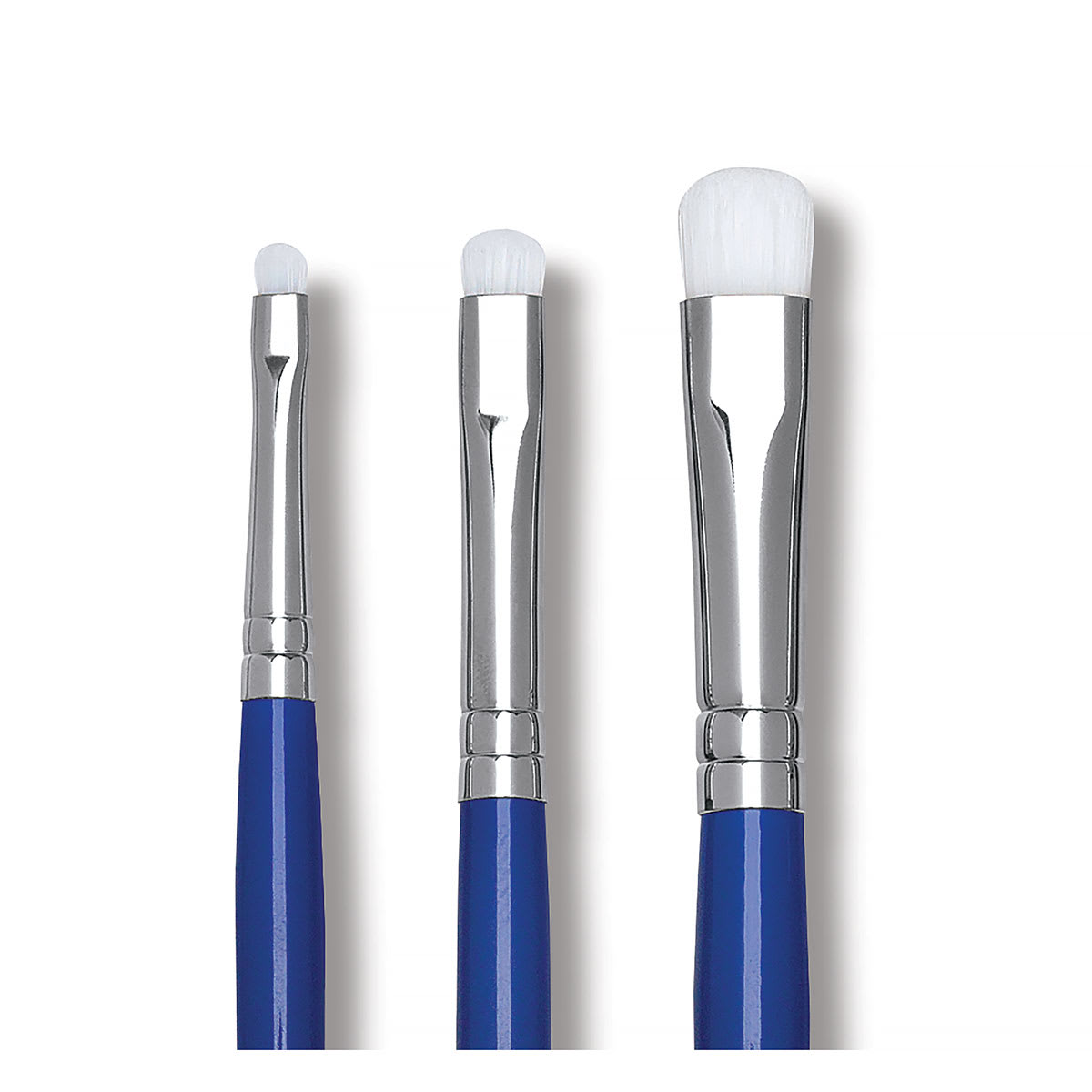Blick Scholastic Wonder White Synthetic Brushes - Scrubber, Set of 3, Short Handles. Row of brushes.