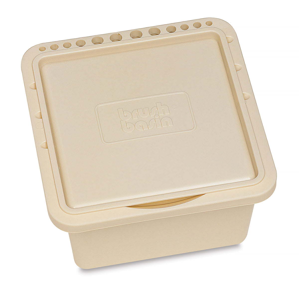Richeson Plastic Brush Bin - showing exterior brush holes and with airtight lid on Richeson Plastic Brush Bin - showing exterior brush holes and with airtight lid on